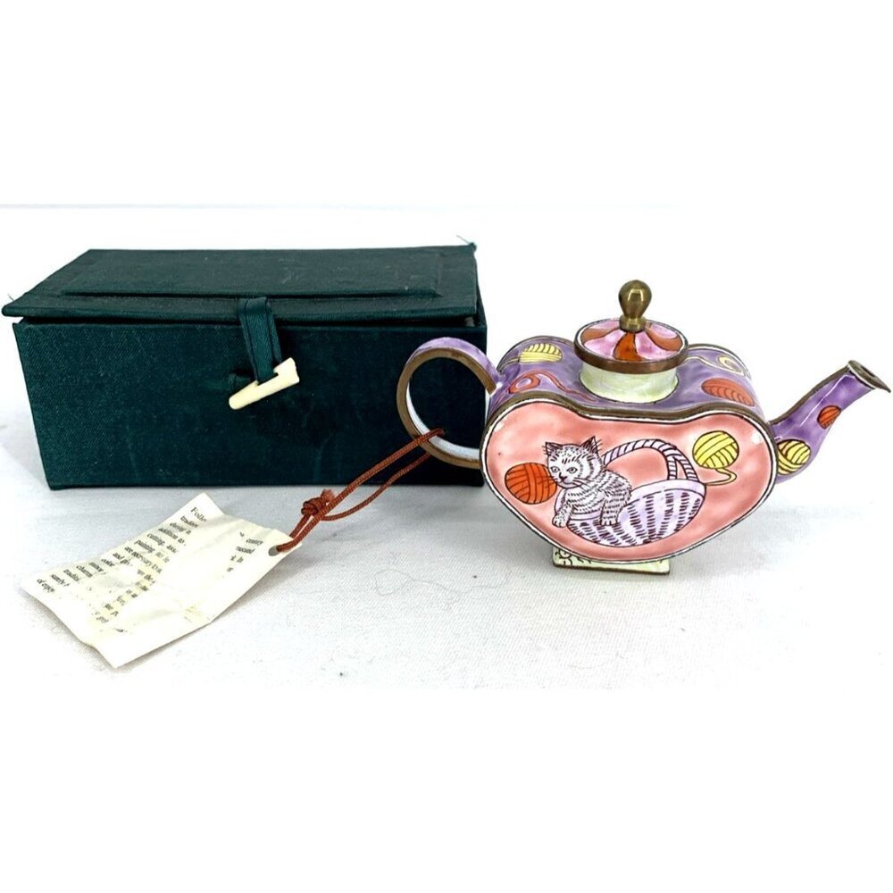 Kevin Chen Miniature Teapot Enamel Hand Painted Cats with Box